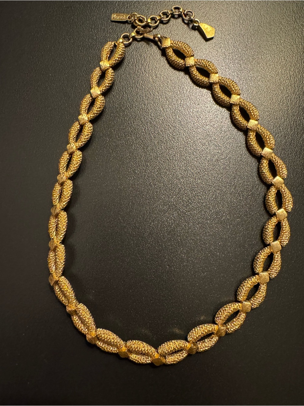 Vintage Monet Gold Tone Textured Link Collar Necklace - 14” + Extender
